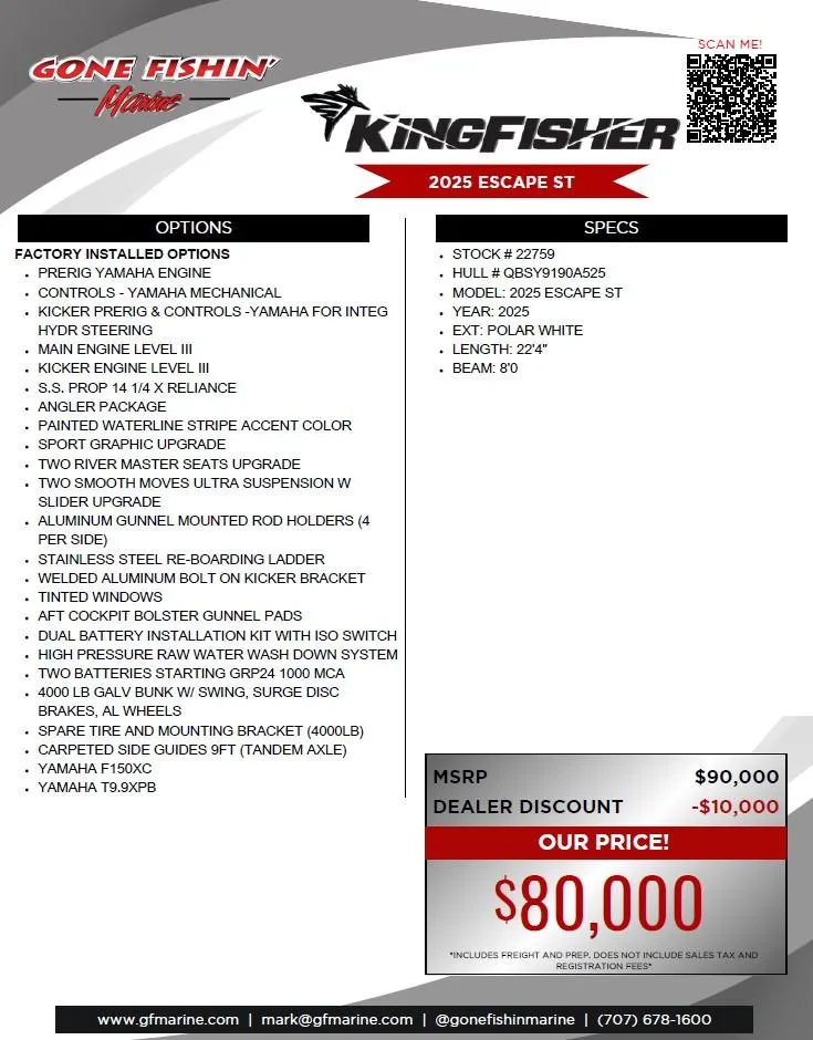Slide: The Image of KingFisher 2025 Escape ST boat features, options, and pricing details. MSRP: $90,000, discounted to $80,000. - 13