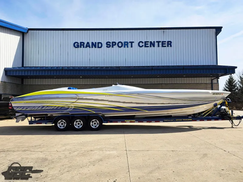 Slide: The Image of 2007 Outerlimits 39 Quattro speedboat on trailer at Grand Sport Center. - 1