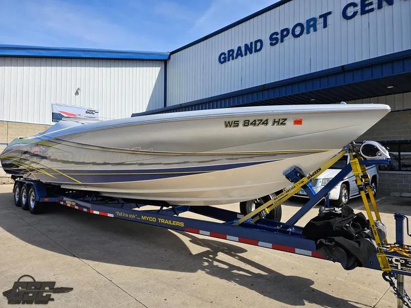 Slide: The Image of 2007 Outerlimits 39 Quattro speedboat on trailer at Grand Sport Center. - 10