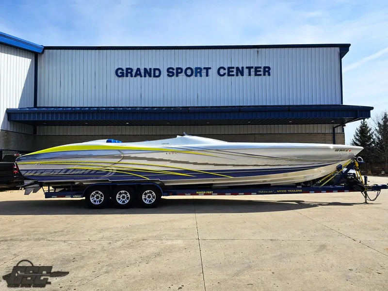 Slide: The Image of 2007 Outerlimits 39 Quattro speedboat on trailer at Grand Sport Center. - 2