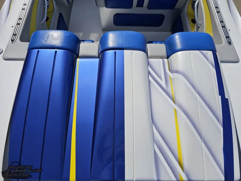 Slide: The Image of 2007 Outerlimits 39 Quattro boat interior with blue and white seating. - 48