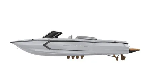 Slide: The Image of 2025 MasterCraft ProStar boat, sleek design, side view, white hull, modern features. - 38
