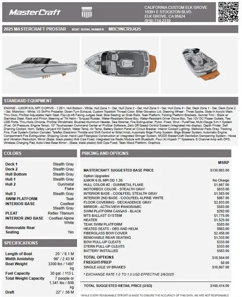 Slide: The Image of 2025 MasterCraft ProStar boat specifications, features, and pricing details. - 40