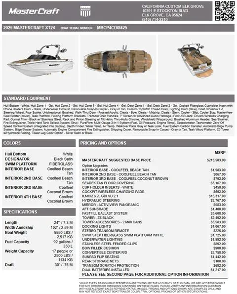 Slide: The Image of 2025 MasterCraft XT24 boat brochure with specifications, pricing, and standard equipment details. - 3
