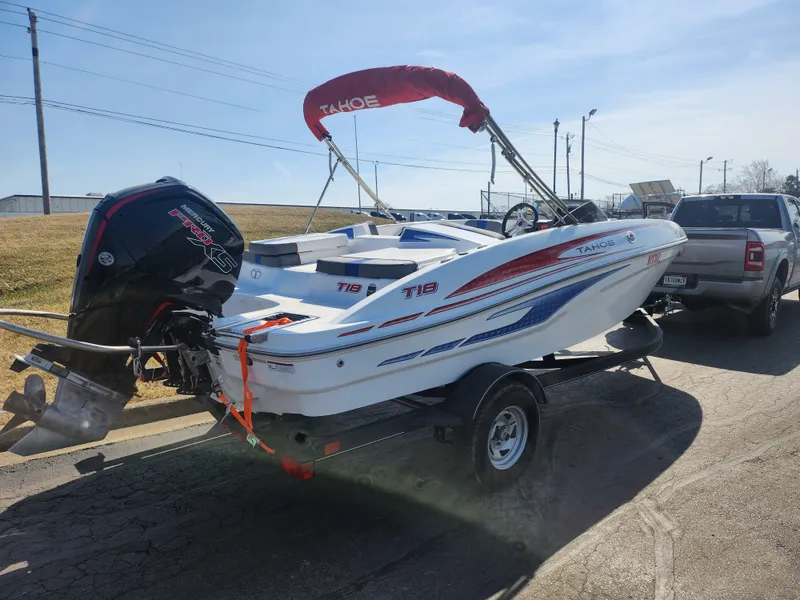 Slide: The Image of 2023 Tahoe T18 boat on trailer, featuring sleek design and powerful outboard motor. - 3