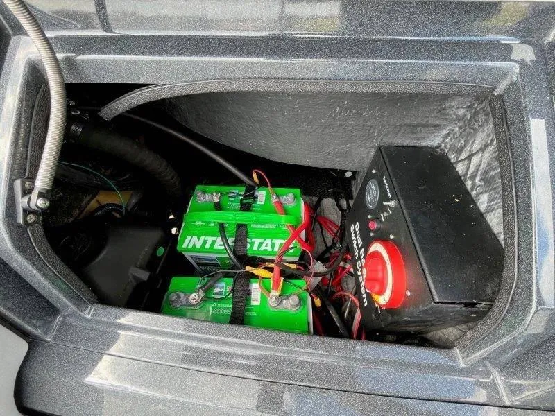 Slide: The Image of Battery compartment of 2018 Crest Savannah 250 NX-L with Interstate batteries and power switch. - 34