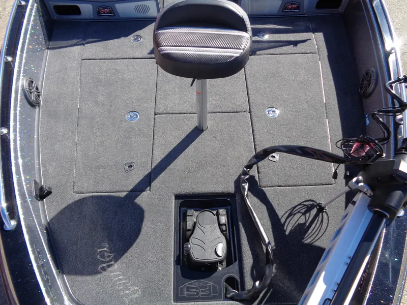 Slide: The Image of 2025 Ranger 621FS Pro boat deck with seat and pedal controls. - 14