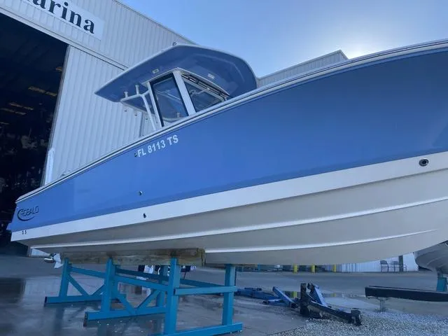 Slide: The Image of 2023 Robalo 266 Cayman boat deck at marina, surrounded by various docked boats. - 7