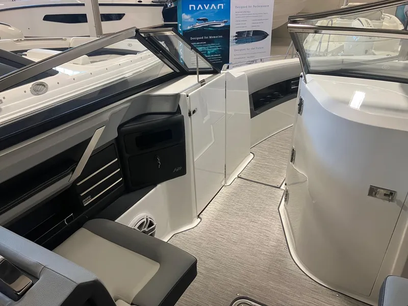 Slide: The Image of 2025 Cobalt A29 boat interior with sleek seating and modern design. - 10