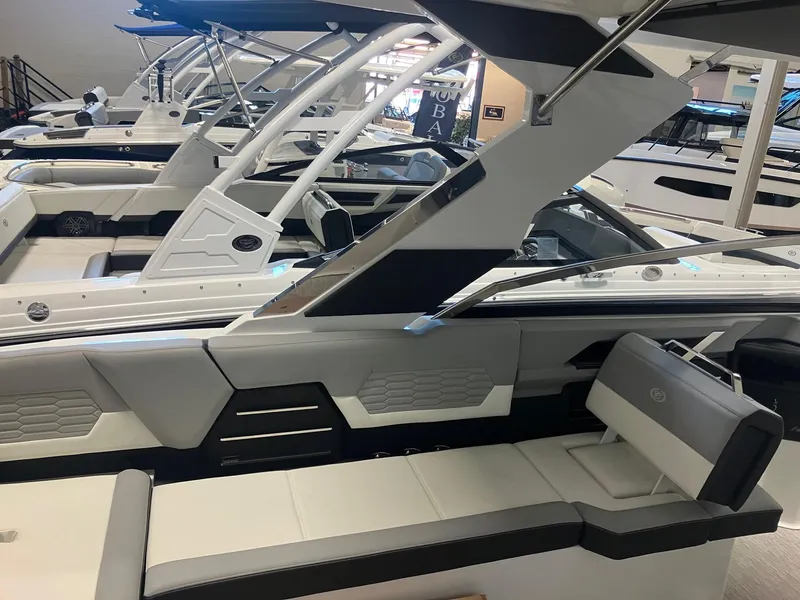 Slide: The Image of 2025 Cobalt A29 boat interior with sleek seating and modern design. - 3