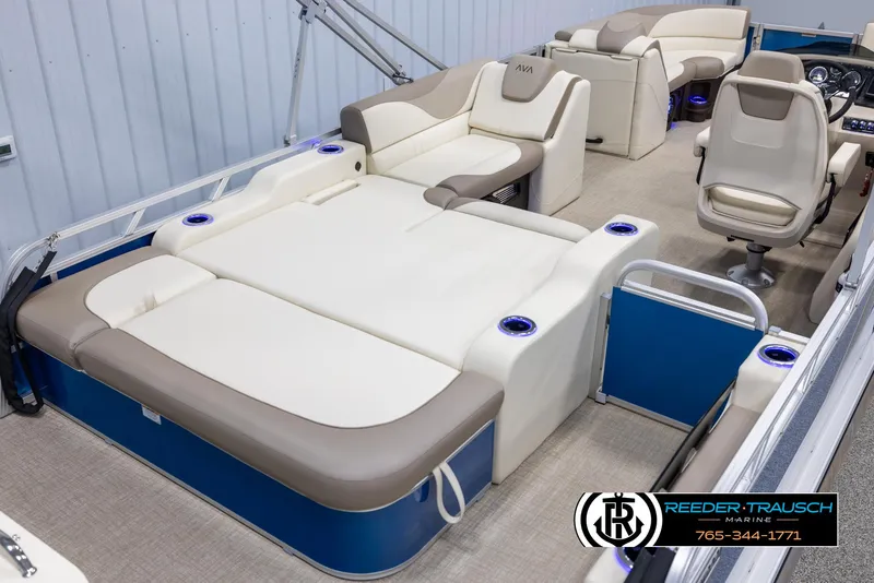 Slide: The Image of 2025 Avalon LSZ VRB pontoon boat interior with luxurious seating and modern design. - 12