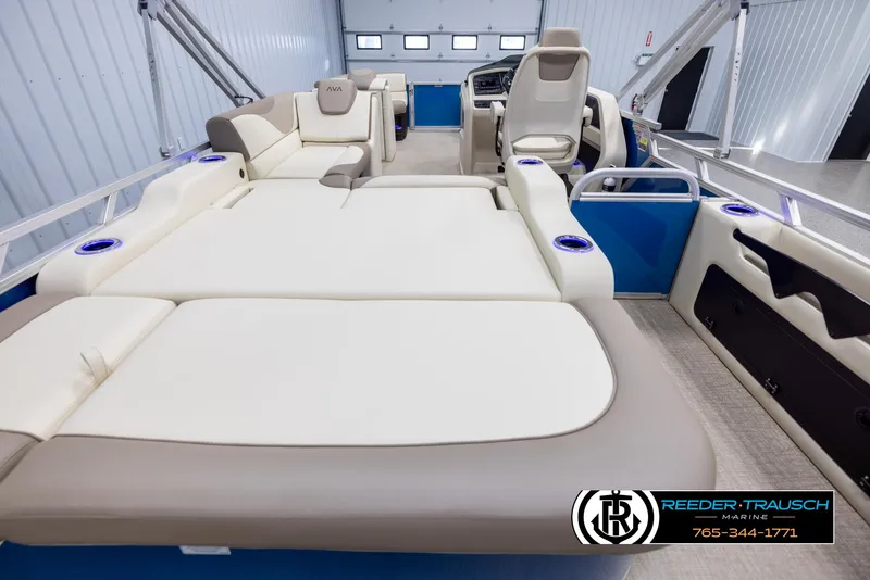 Slide: The Image of 2025 Avalon LSZ VRB pontoon boat interior with luxurious seating and modern design. - 16