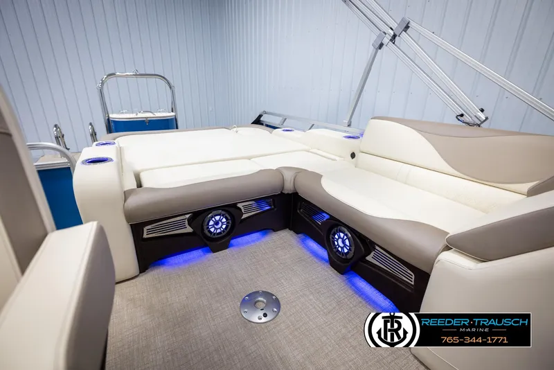 Slide: The Image of Luxurious interior of 2025 Avalon LSZ VRB boat with plush seating and ambient lighting. - 24