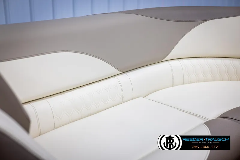 Slide: The Image of 2025 Avalon LSZ VRB boat seating with beige and cream upholstery, featuring elegant stitching. - 39