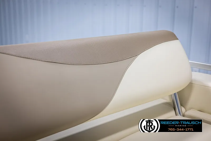 Slide: The Image of 2025 Avalon LSZ VRB boat seat with beige and cream upholstery, Reeder-Trausch Marine logo. - 41