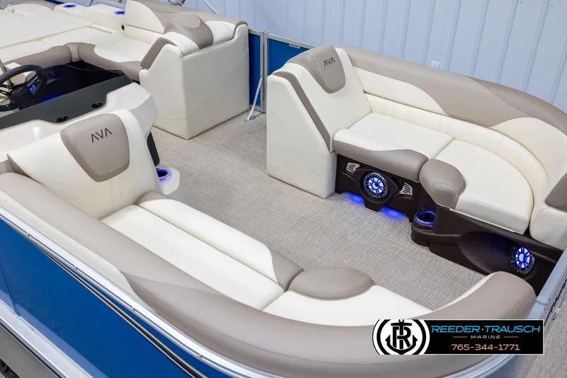 Slide: The Image of Luxurious 2025 Avalon LSZ VRB pontoon boat interior with plush seating and ambient lighting. - 9