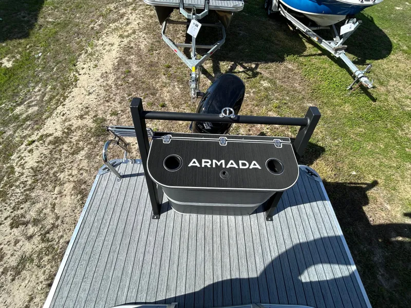 Slide: The Image of 2025 Armada Drakkar 23QL boat deck with motor, viewed from above. - 15