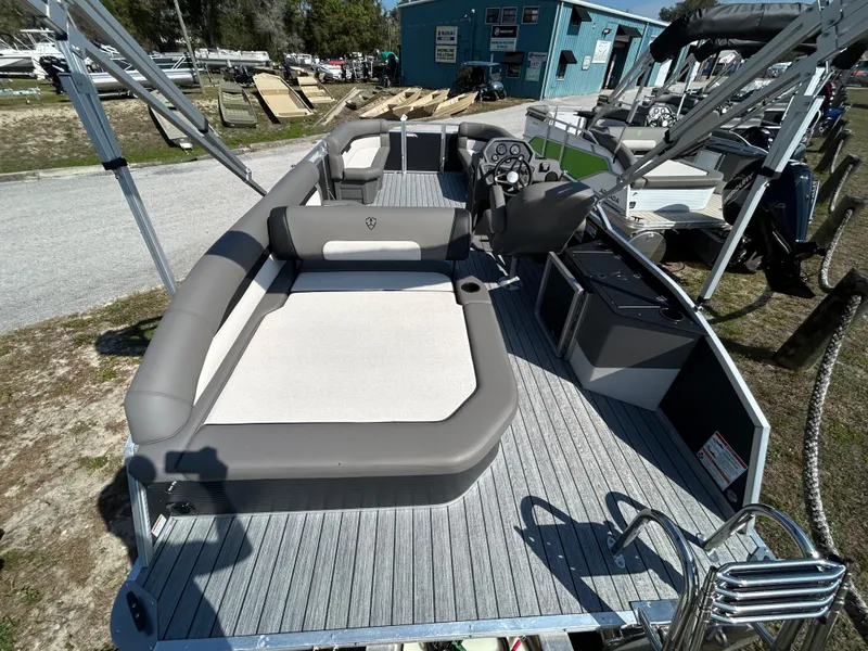 Slide: The Image of 2025 Armada Saphir 21SB pontoon boat with spacious seating and modern design. - 13