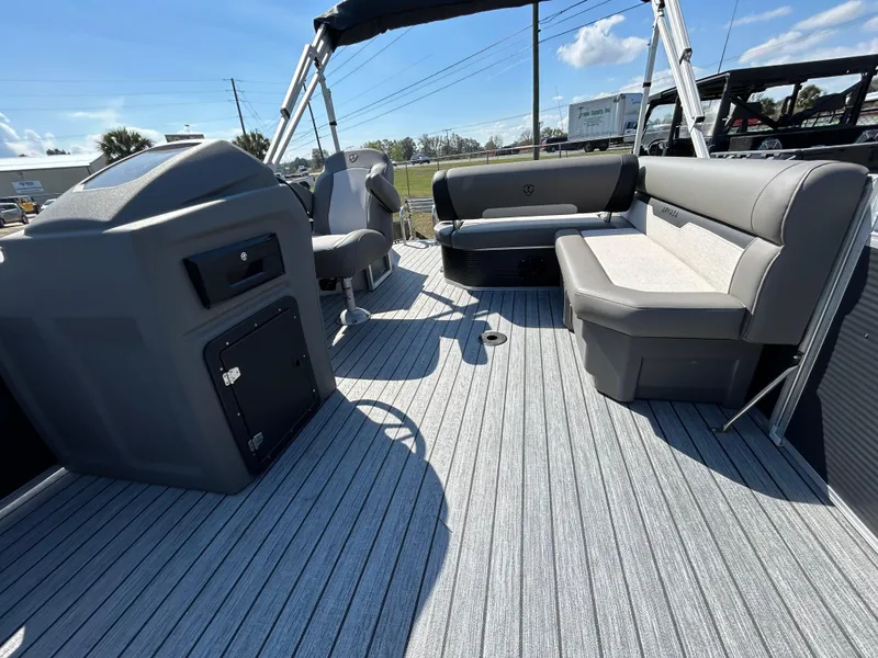 Slide: The Image of 2025 Armada Saphir 21SB boat interior with gray seating and modern design. - 8