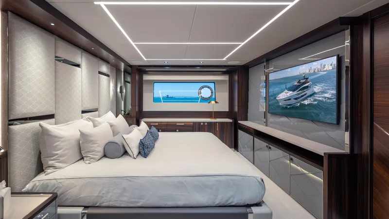 Slide: The Image of Luxurious bedroom interior of 2025 Sunseeker 88 Yacht with modern design and elegant furnishings. - 22