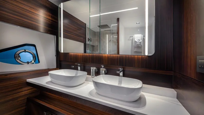 Slide: The Image of Luxurious bathroom in 2025 Sunseeker 88 Yacht with dual sinks and modern design. - 37