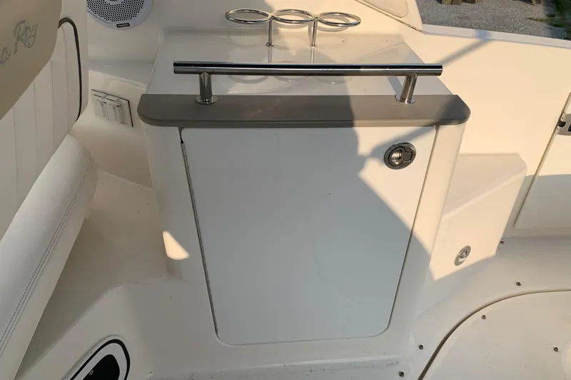 Slide: The Image of 2010 Sea Ray 260 Sundancer boat interior with storage compartment and stainless steel handle. - 31