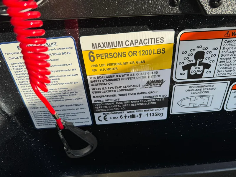 Slide: The Image of Capacity label on 2024 Nitro ZV21 Pro boat: 6 persons or 1200 lbs, 400 HP motor. - 7