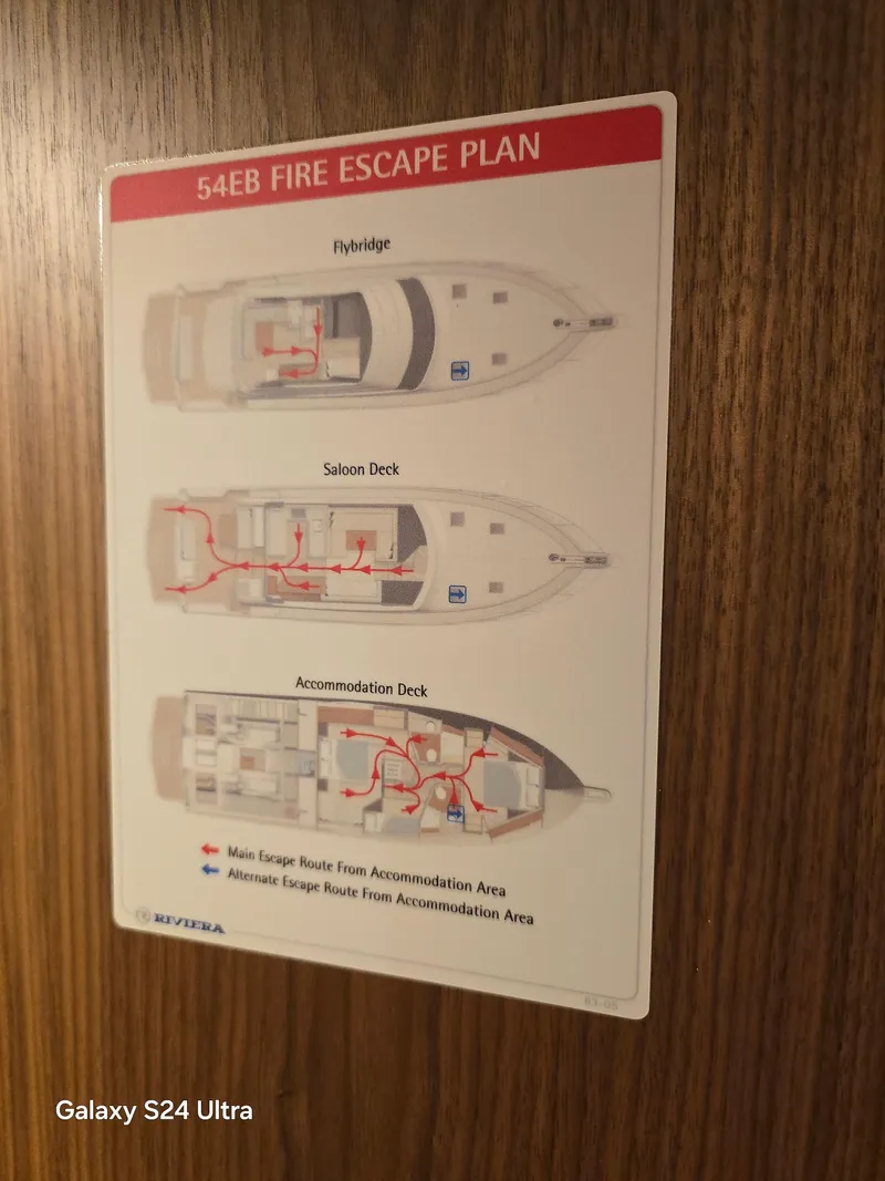 Slide: The Image of Fire escape plan on Riviera 54 Enclosed Flybridge, 2022 model, showing routes on various decks. - 36