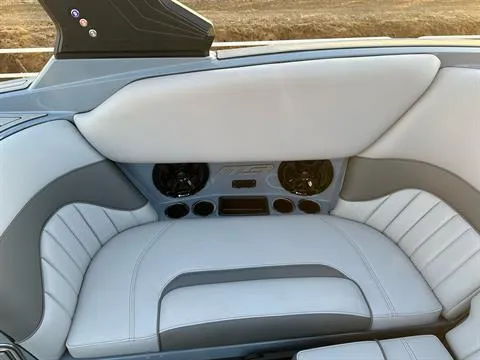 Slide: The Image of 2025 MB B52 25 Alpha boat interior with white and gray seating. - 20