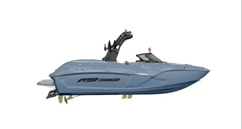Slide: The Image of 2025 MB B52 25 Alpha boat, sleek design, blue color, side view. - 31