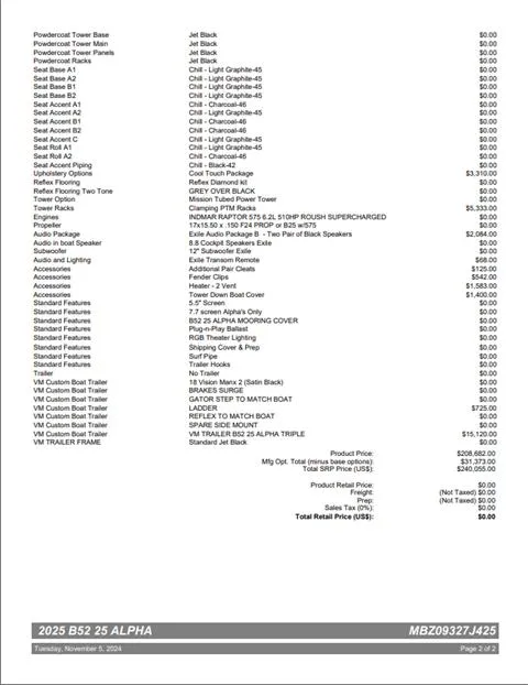 Slide: The Image of Invoice for MB B52 25 Alpha 2025, detailing features, options, and pricing. - 34