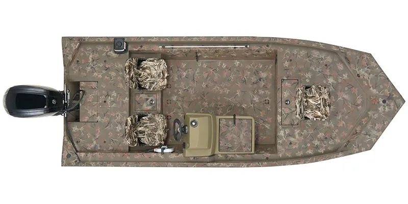 Slide: The Image of 2025 Grizzly 1754 SC boat, top view, camouflage design, featuring motor and seating. - 2