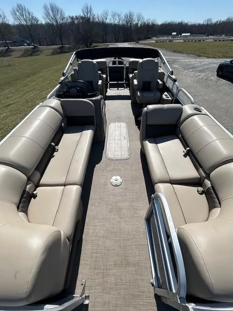 Slide: The Image of 2022 Sun Tracker Party Barge 22 XP3 with spacious seating and open deck layout. - 5