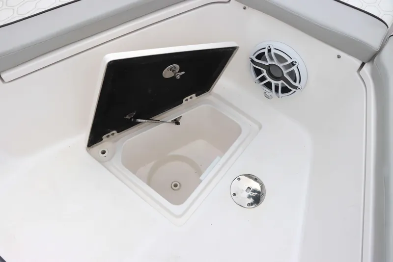 Slide: The Image of 2023 Sea Fox 328 Commander boat storage compartment and speaker detail. - 18