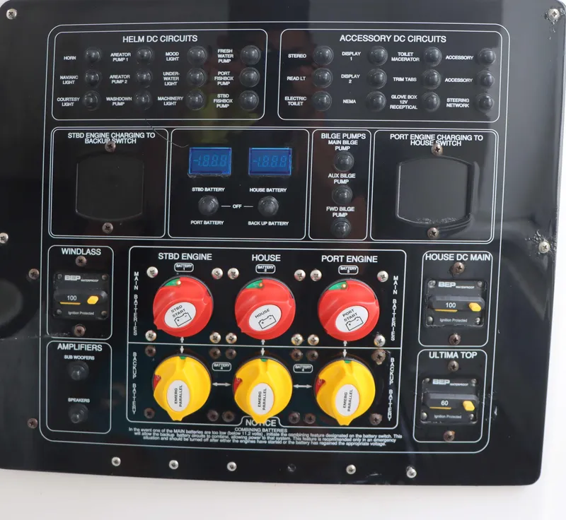 Slide: The Image of Control panel of a 2023 Sea Fox 328 Commander boat with various switches and indicators. - 30