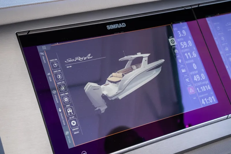 Slide: The Image of Simrad display showing 2023 Sea Ray SLX 400 OB boat model and specifications. - 27