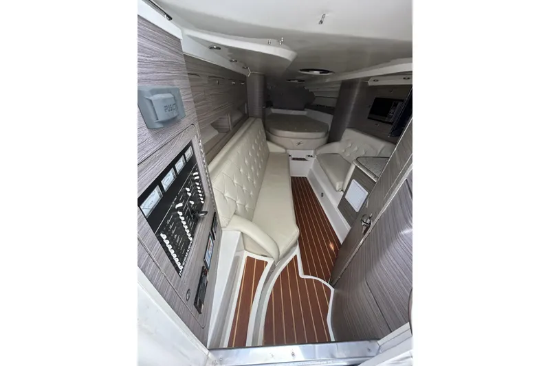Slide: The Image of Luxurious interior of 2018 Intermarine 380 Sport yacht with modern seating and wood accents. - 22