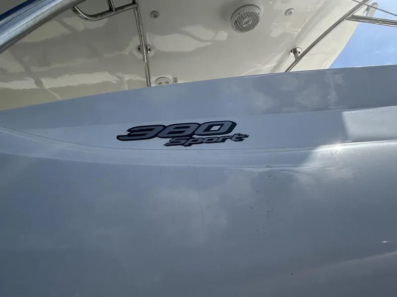 Slide: The Image of 2018 Intermarine 380 Sport boat, close-up of model name on hull. - 8