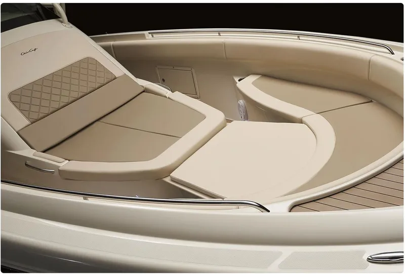 Slide: The Image of The 2021 Chris-Craft Catalina 34 features an elegant, cream-colored deck with cushioned seating. - 25