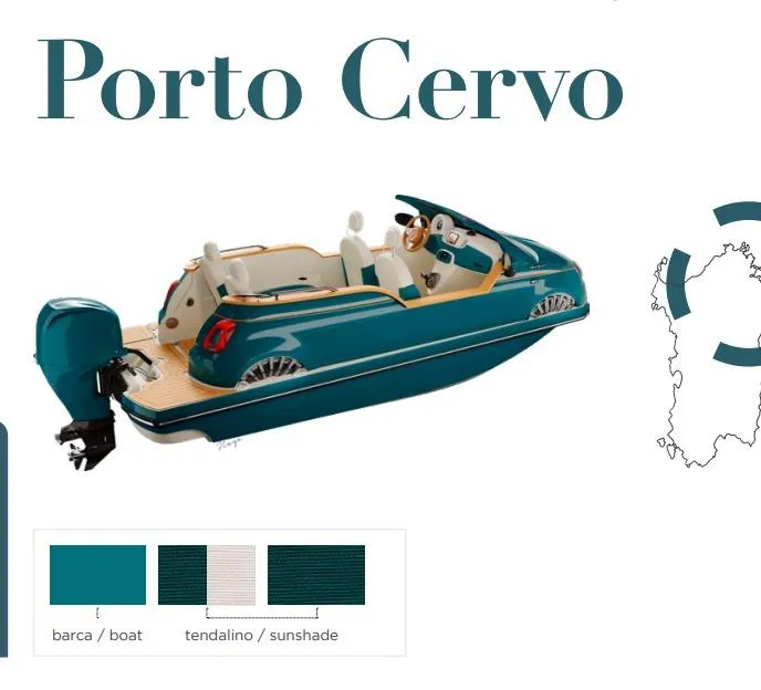 Slide: The Image of Fiat 500 Classic boat design, Porto Cervo theme, teal color scheme, 2025 model. - 26