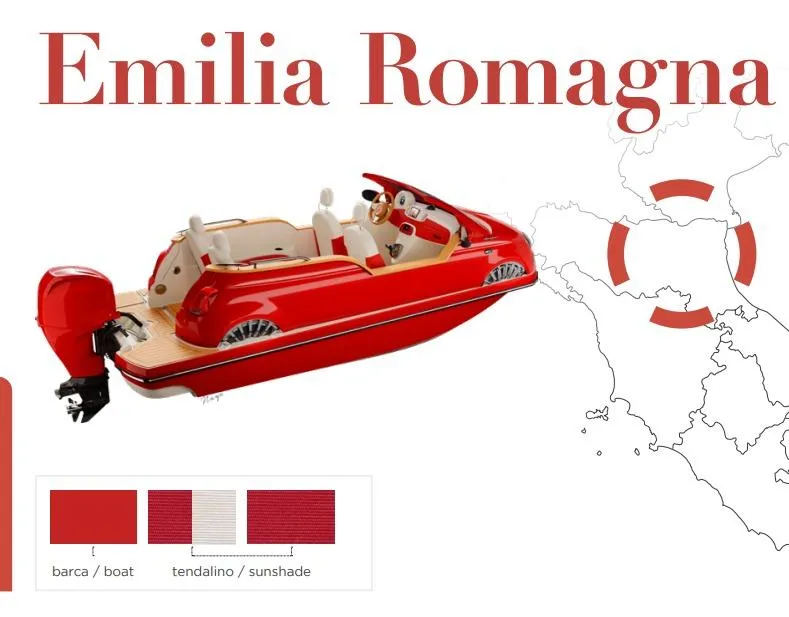 Slide: The Image of Red Fiat 500 Classic boat by Car Off-shore, Emilia Romagna map background, 2025 model. - 24