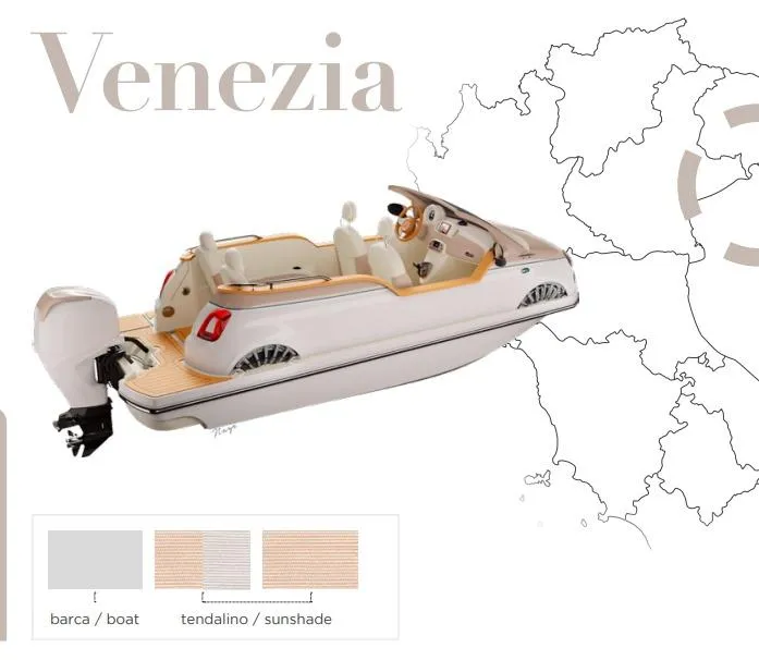 Slide: The Image of Fiat 500 Classic boat design, 2025 model, with map of Italy and Venezia text. - 34