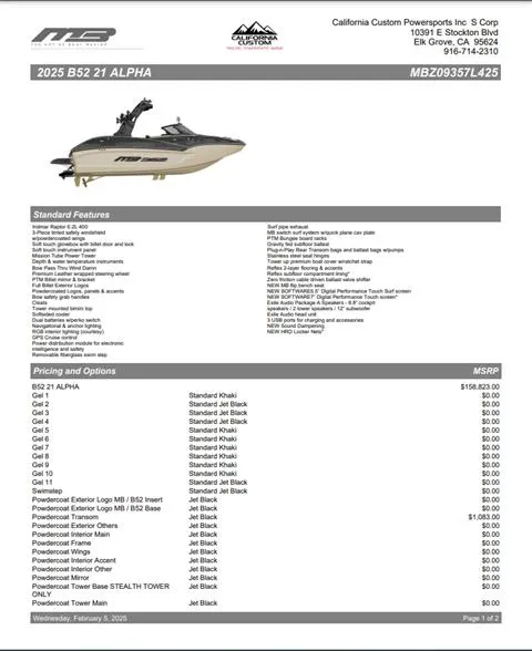 Slide: The Image of 2025 MB B52 21 Alpha boat specifications and pricing details from California Custom Powersports. - 2