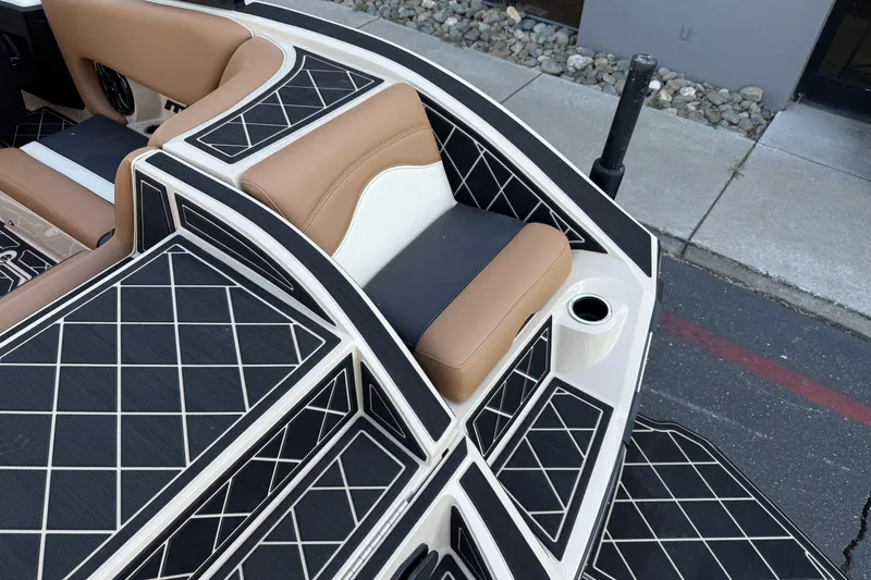 Slide: The Image of Luxurious interior of 2025 MB B52 21 Alpha boat with diamond-patterned seating. - 30