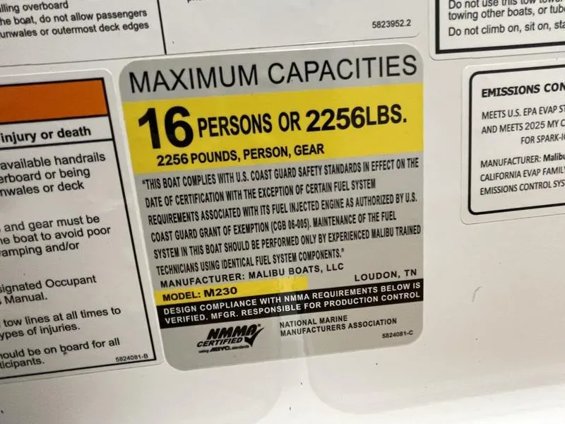 Slide: The Image of Maximum capacity label for 2025 Malibu M230 boat: 16 persons or 2256 lbs. - 20