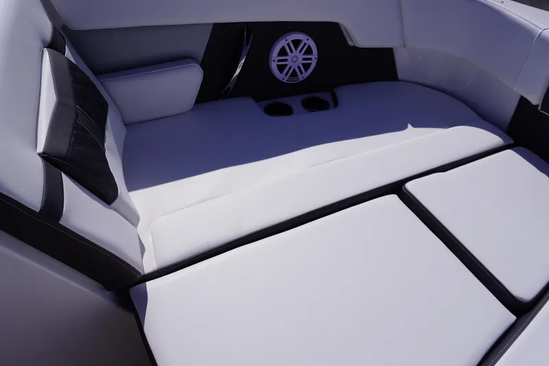 Slide: The Image of Luxurious seating area in 2025 Monterey M22 boat with modern design and speaker system. - 16