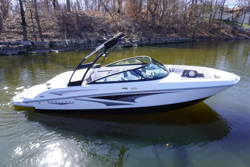 Slide: The Image of 2025 Monterey M22 boat on calm water, surrounded by trees. - 2