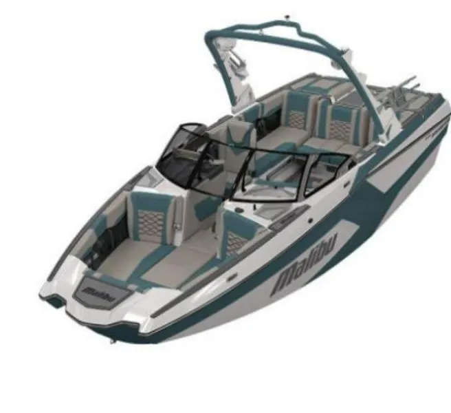 Slide: The Image of 2025 Malibu 23 MXZ boat with sleek design and spacious seating. - 1