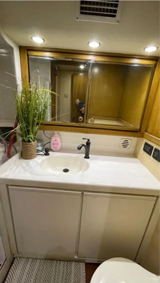 Slide: The Image of 1995 Bertram Convertible yacht bathroom with sink, mirror, and decorative plant. - 49