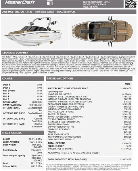 Slide: The Image of 2025 MasterCraft XT22 boat specifications and pricing details sheet. - 2